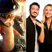 Pôster do filme 'Gato de Botas 2: O Último Pedido' e os dubladores Marcos Veras, Giovanna Ewbank e Sérgio Malheiros posando em foto de divulgação.