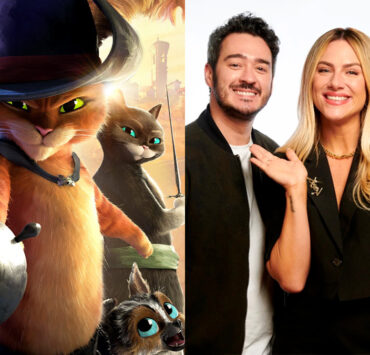 Pôster do filme 'Gato de Botas 2: O Último Pedido' e os dubladores Marcos Veras, Giovanna Ewbank e Sérgio Malheiros posando em foto de divulgação.